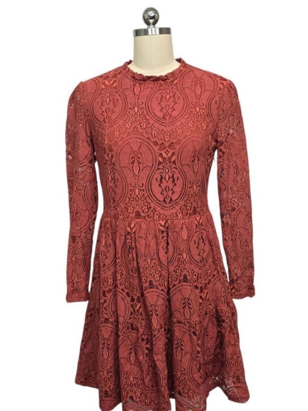 100% Cotton Molly Bracken Lace Long-Sleeve Mini Dress in Rust